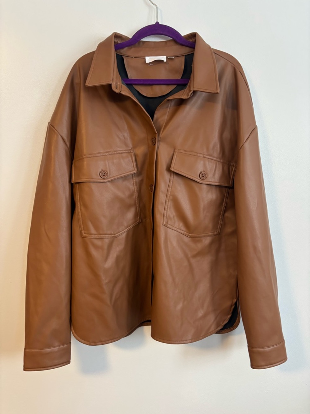 Seven Sisters Brown Faux Leather Button Up Shirt Jacket Front Pockets Size Large